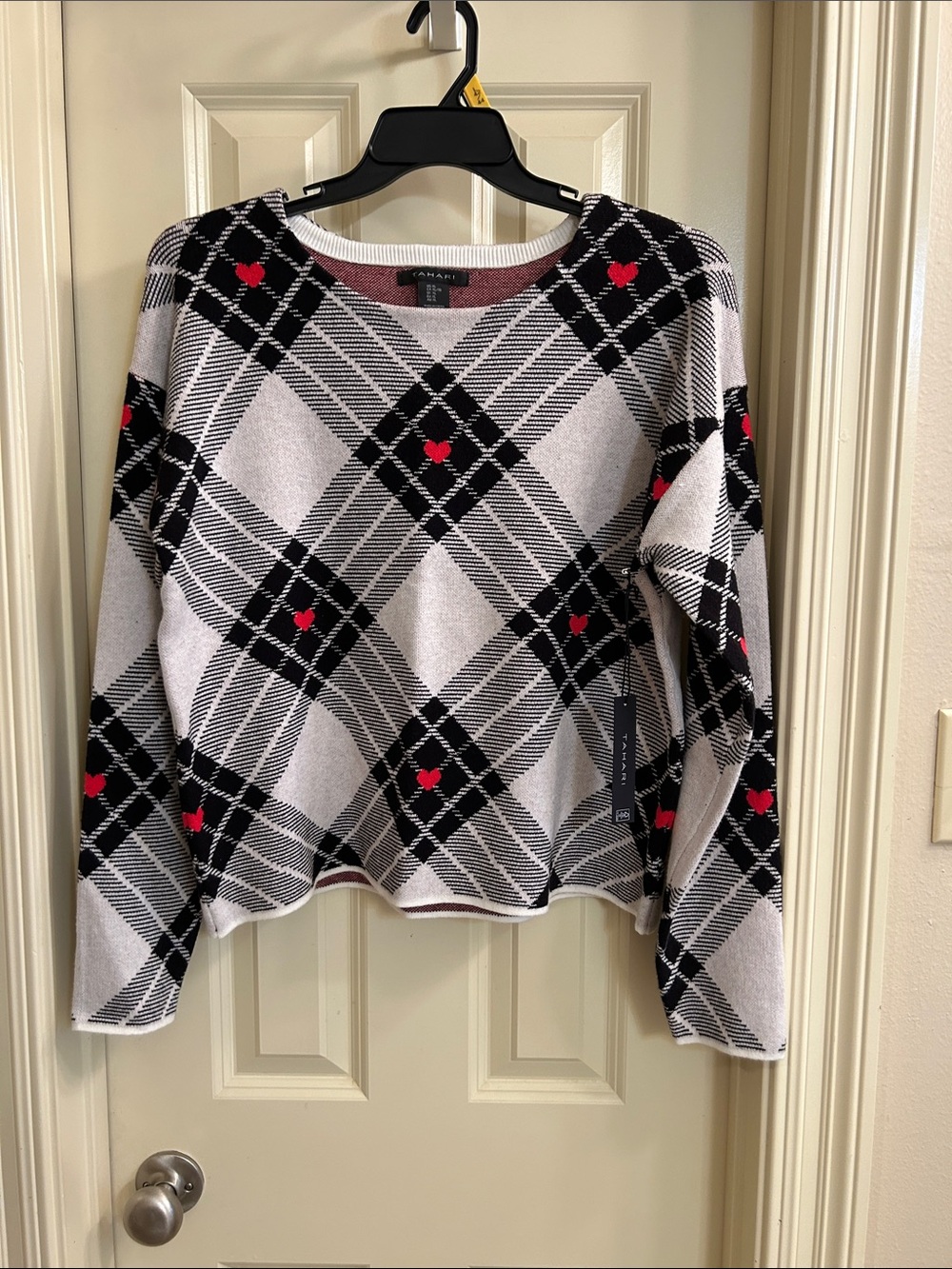 Tahari Black and White Argyle Sweater with Red Heart Accents